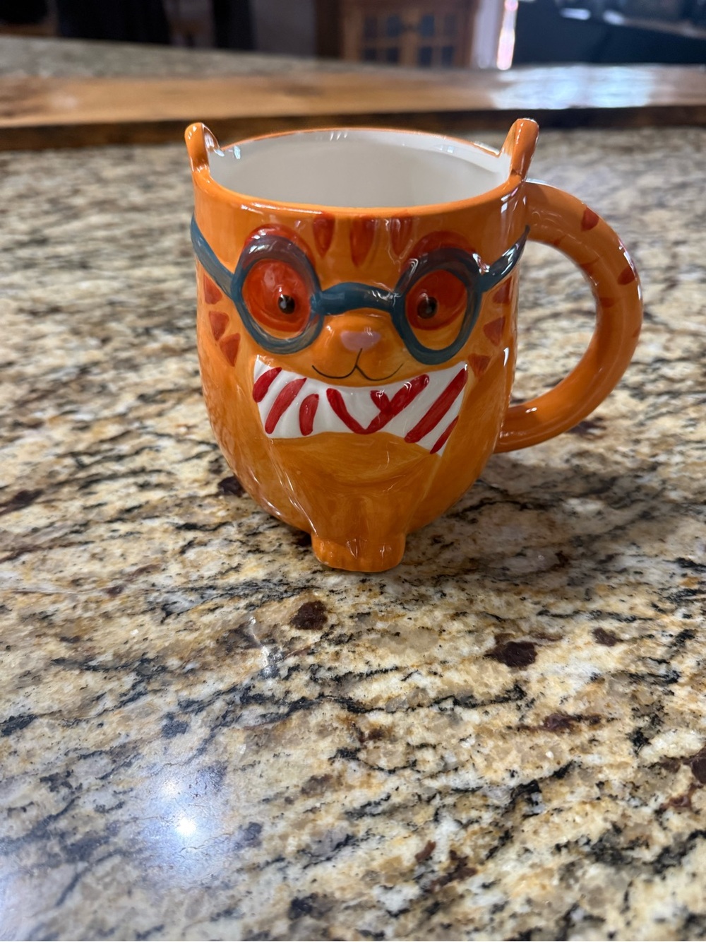 Boston Warehouse Orange Cat Mug with Blue Glasses and Red Bow